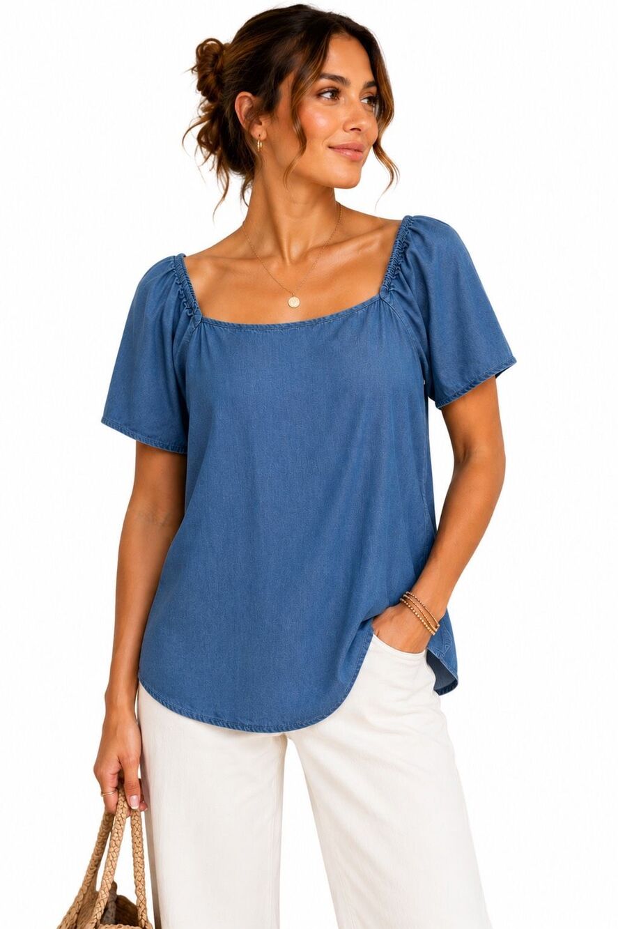 Ann Taylor Factory 100% Lyocell Chambray Square Neck Flutter Sleeve Top Medium